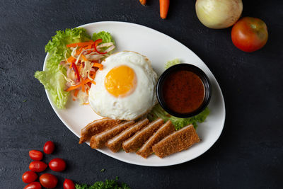 High angle view of breakfast served on table