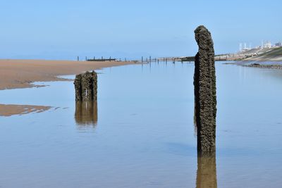 Wooden posts in water against clear blue sky