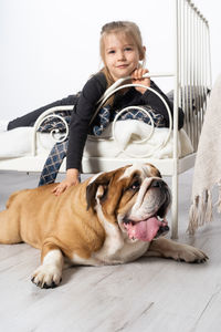 Portrait of dog sitting on sofa at home