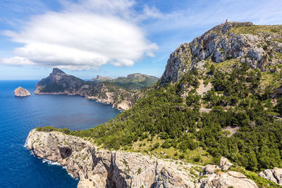 Scenic view of sea by mountains against sky