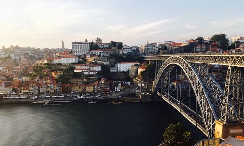 Bridge over river by buildings against sky in city