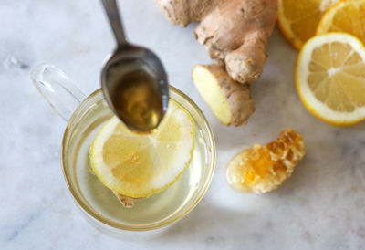High angle view of breakfast on table