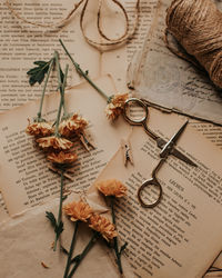 High angle view of text on open book