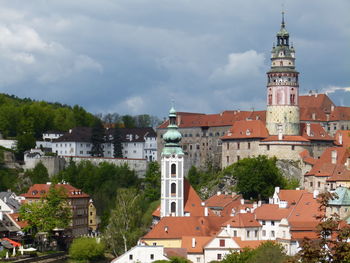 Buildings in town against sky