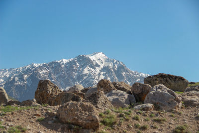 Scenic view of rocky mountains against clear blue sky