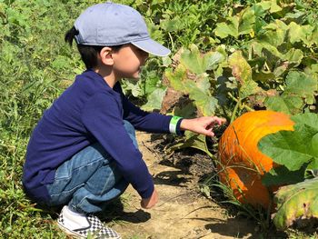 Side view of boy holding plants