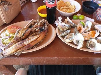 High angle view of fish in plate on table