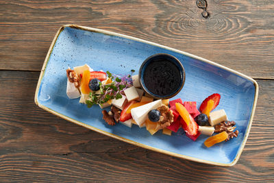 High angle view of food served on table
