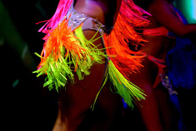 Midsection of woman standing in multi colored feathers
