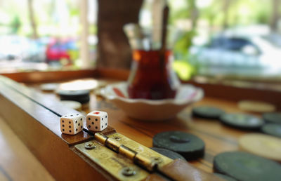 Close-up of dices on table