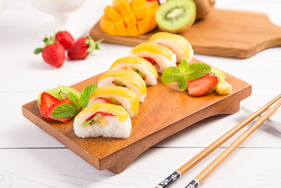 Close-up of fruits on cutting board