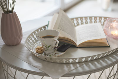 High angle view of open book on table