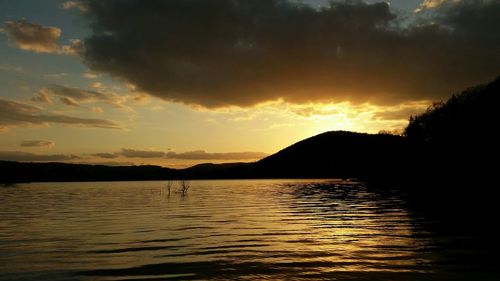 Scenic view of lake against cloudy sky