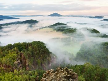 Spring misty landscape. morning in beautiful hills of natural park. rocky peaks in heavy creamy fog.