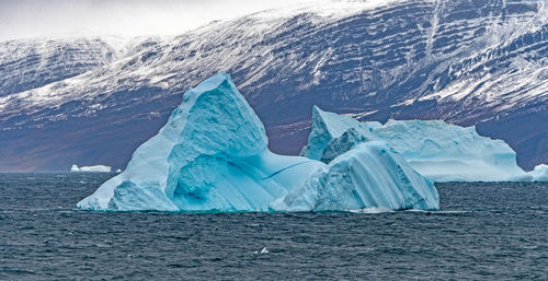 Scenic view of iceberg in sea against mountains