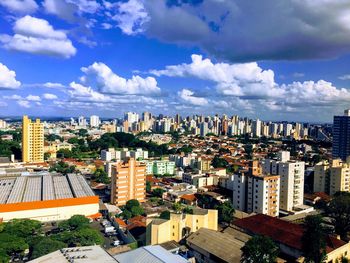 High angle view of buildings against sky