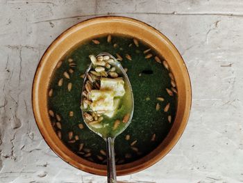 High angle view of bread in bowl on table