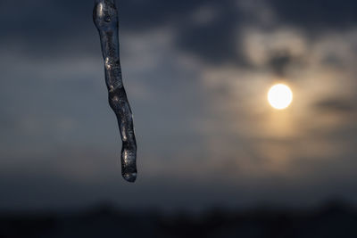 Close-up of icicles against sky during sunset