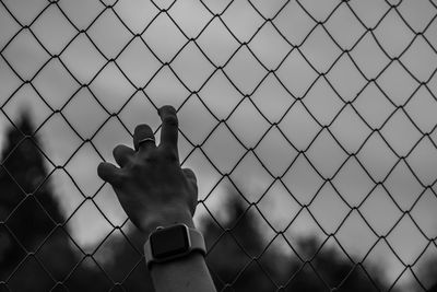 Person hand seen through chainlink fence against sky