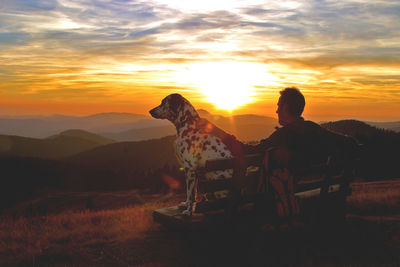 Mann und hund im sonnenuntergang