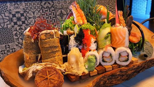 Close-up of sushi served on table