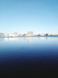 Scenic view of lake against clear blue sky