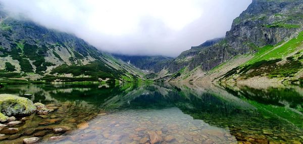 Scenic view of lake by mountains against sky