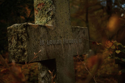 Close-up of old stone cross in cemetery with lettering in memory in autumn.