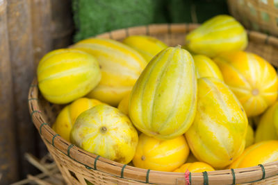 Close-up of fruits in basket for sale at market stall