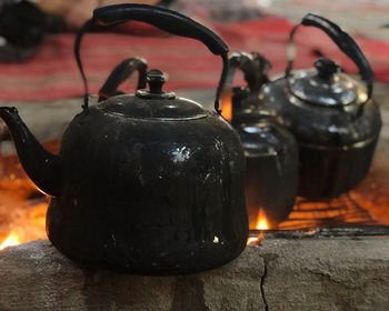 Close-up of kettle in bedouin tents 