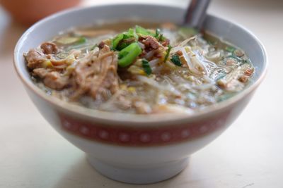 Close-up of soup in bowl on table