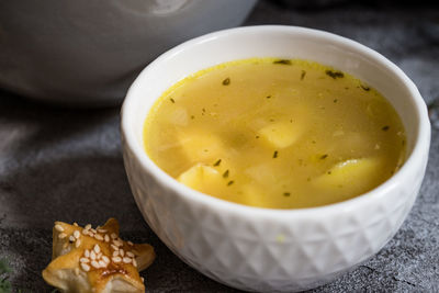 High angle view of soup in bowl on table