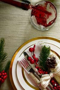 High angle view of berries in plate on table