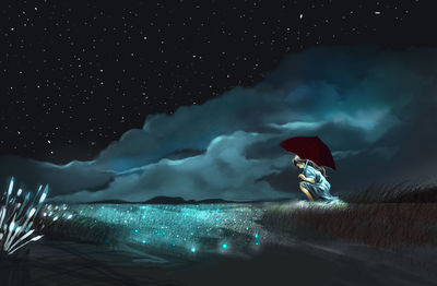 Digital composite image of man and illuminated sea against sky at night