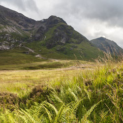 Scenic view of landscape and mountains against sky