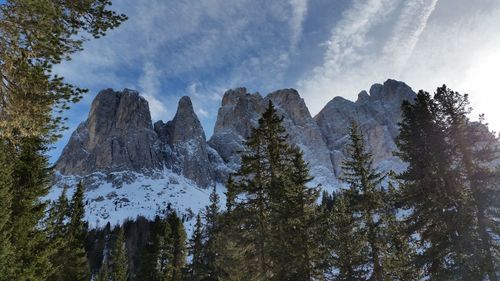 Low angle view of mountain against cloudy sky