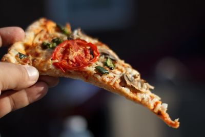 Close-up of hand holding pizza