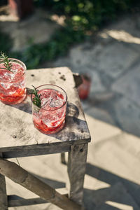 High angle view of drinks on table