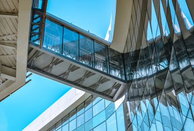 Low angle view of modern building against clear blue sky