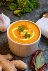 Close-up of soup in bowl on table