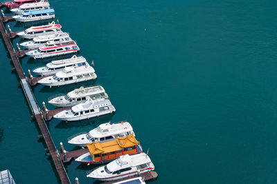 High angle view of ship moored at harbor