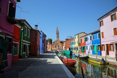 View of boats moored at buildings against blue sky