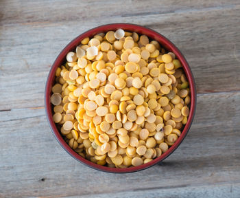 High angle view of eggs in bowl on table