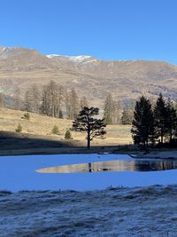 Scenic view of lake by mountains against clear blue sky