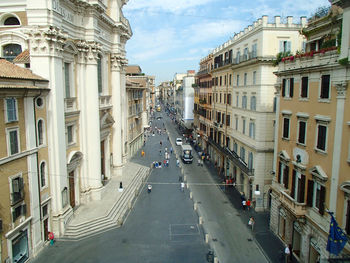 High angle view of road along buildings