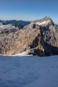 Scenic view of snowcapped mountains against blue sky