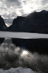 Scenic view of lake and mountains against sky