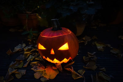 View of illuminated pumpkin at night