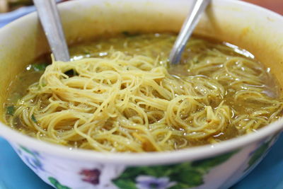 High angle view of noodles in bowl