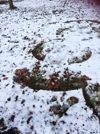 High angle view of snow on shore during winter